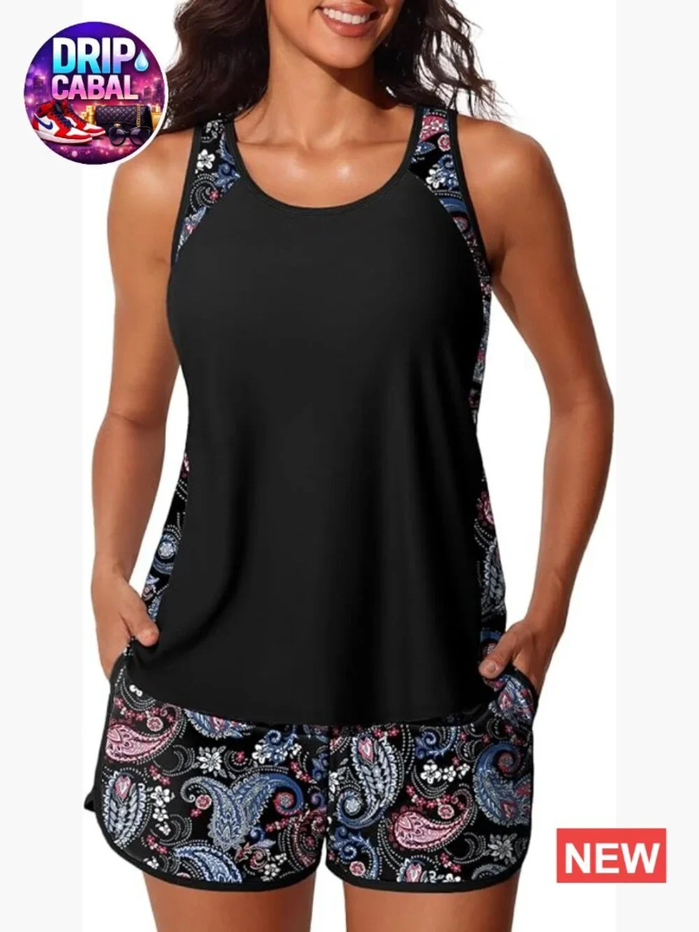 Tummy Control Blouson Tankini Set with Sporty Swim Shorts and Pockets